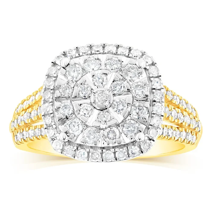 1 Carat Diamond Cushion Shaped Ring in 9ct Yellow Gold & Sterling Silver