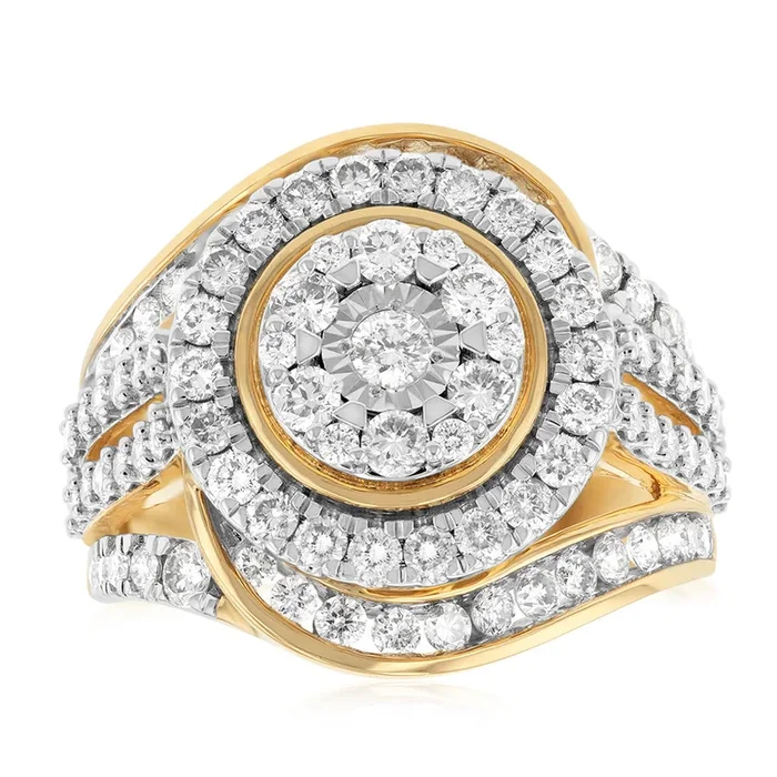 9ct Yellow Gold 2 Carat Diamond Ring with 99 Brilliant Cut Diamonds