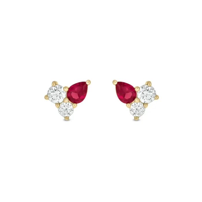 9ct Yellow Gold Pear & Round Cut Created Ruby 0.30 Carat tw Lab Grown Diamonds Stud Earrings