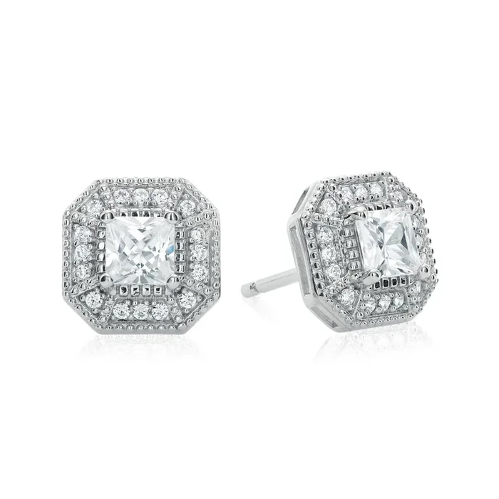 Sterling Silver Princess & Round Brilliant Cut Cubic Zirconia Halo Stud Earrings